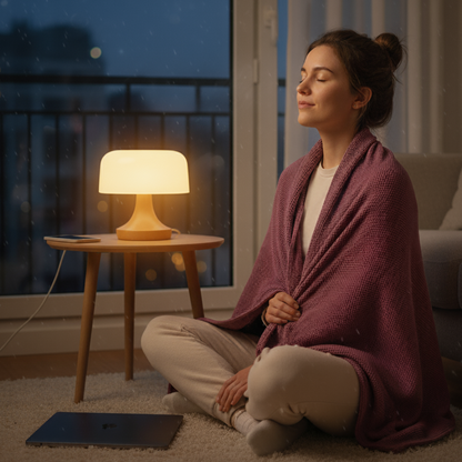 Femme près d’une fenêtre, assise en tailleur, enveloppée d’une couverture chauffante rouge profond ; lampe de table allumée, ordinateur au sol