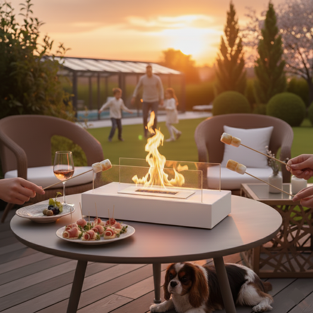 Cheminée de table rectangulaire à parois en verre, disposée sur une table de terrasse au coucher du soleil.