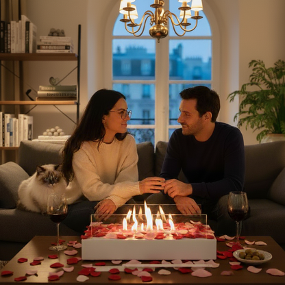 Cheminée de table rectangulaire blanche allumée sur une table basse, intérieur en soirée avec deux personnes.