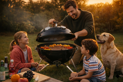 Barbecue portable Calora™ Kettle en usage familial, cuisson de viandes et légumes dans un jardin au coucher du soleil.