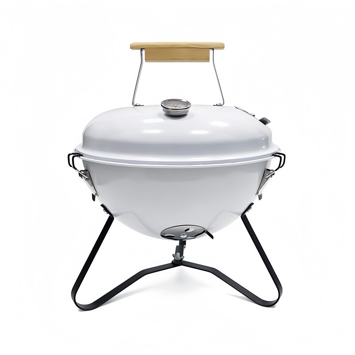 Barbecue au charbon portable Kettle 31,5 cm blanc avec couvercle fermé et pieds stables.