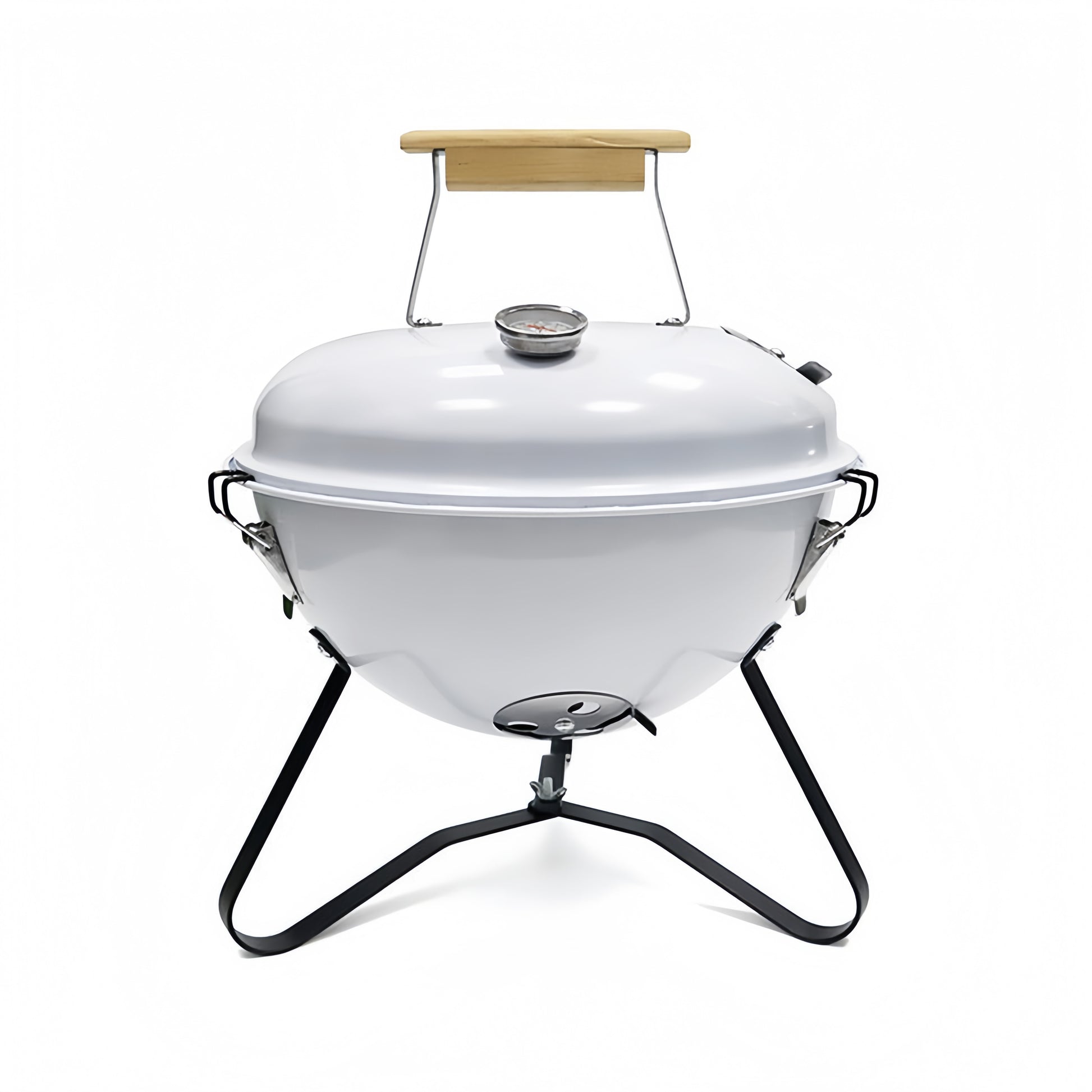 Barbecue au charbon portable Kettle 31,5 cm blanc avec couvercle fermé et pieds stables.