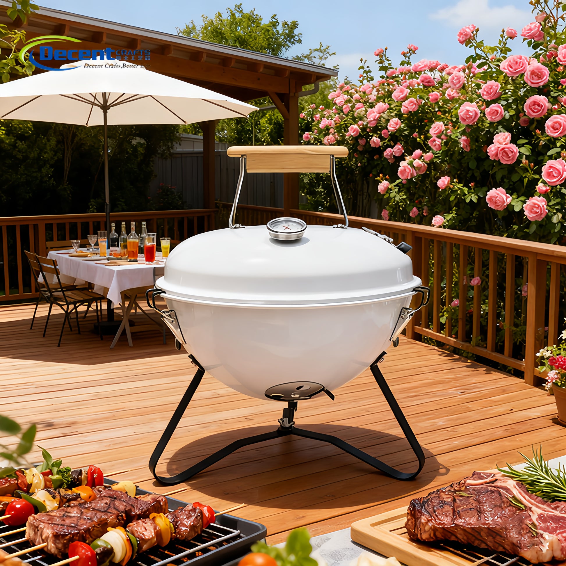 Barbecue charbon portable Calora™ Kettle installé sur une terrasse en bois, design compact et élégant pour extérieur.