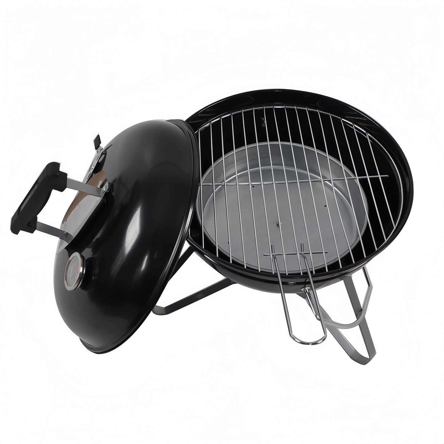 Barbecue au charbon noir ouvert montrant la grille de cuisson et la cuve intérieure.