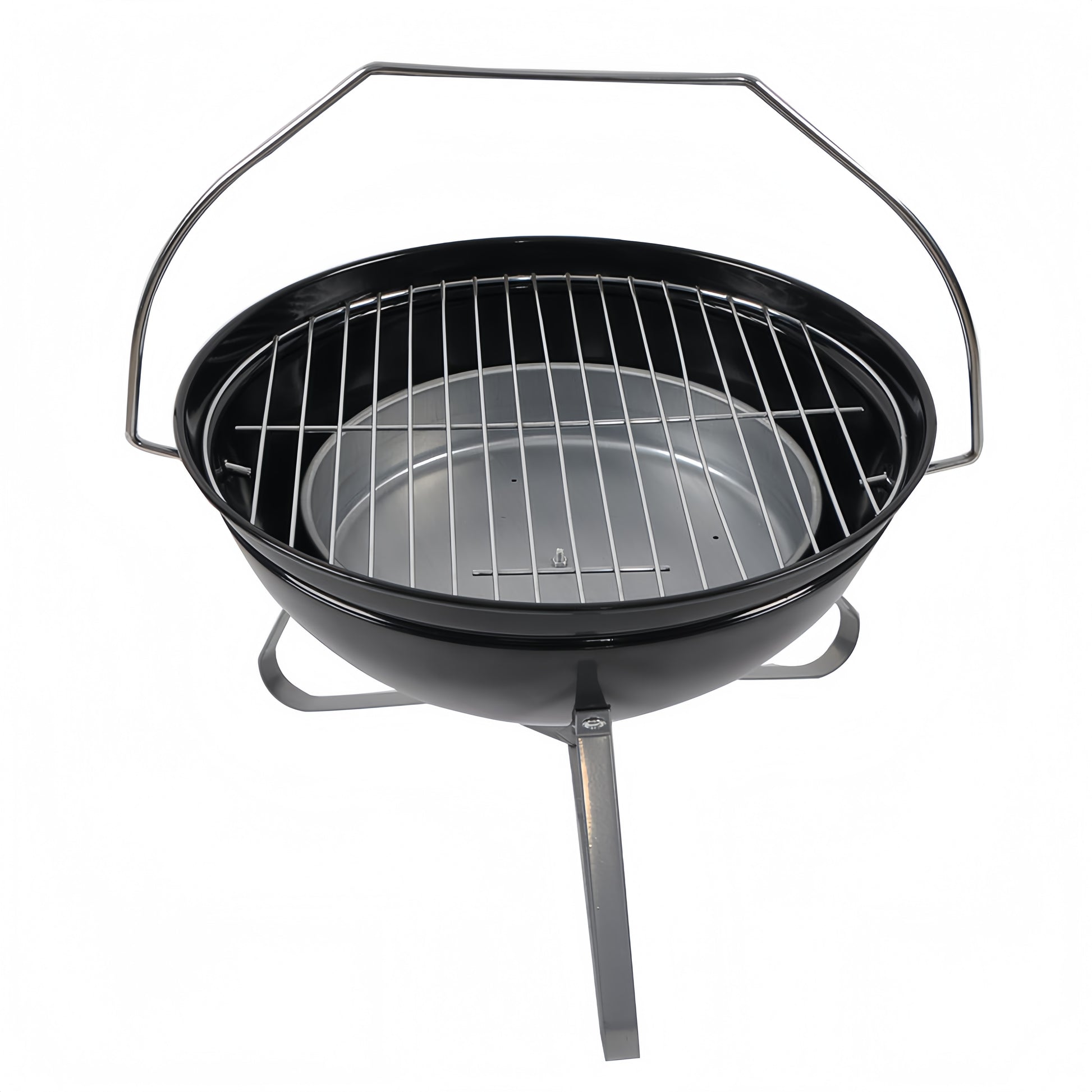 Vue frontale de la cuve du barbecue avec grille de cuisson et poignée de transport relevée.