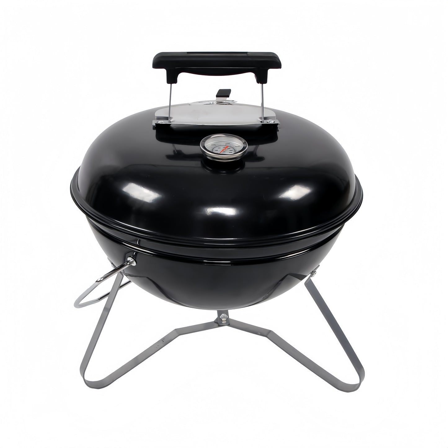 Barbecue au charbon portable noir avec couvercle fermé et thermomètre de contrôle de température.