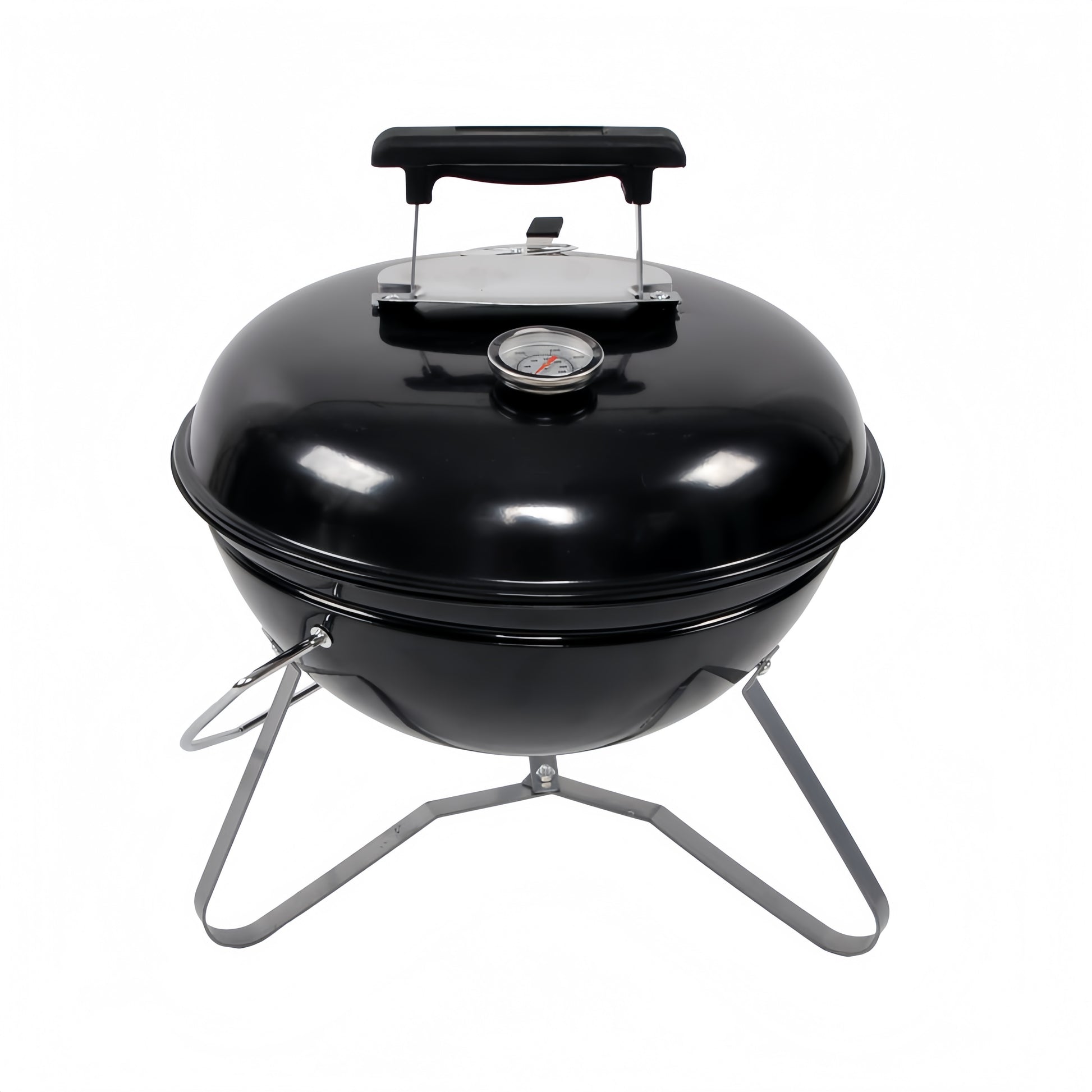 Barbecue au charbon portable noir avec couvercle fermé et thermomètre de contrôle de température.