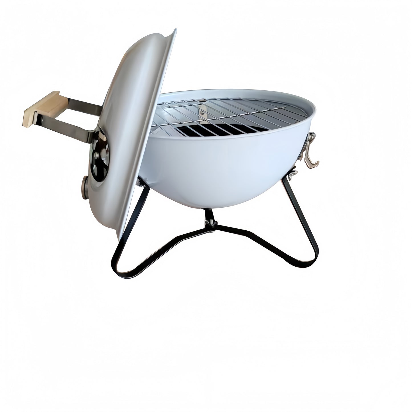Barbecue au charbon portable Kettle 31,5 cm blanc, couvercle ouvert sur charnière, grille chromée et pieds stables en acier.