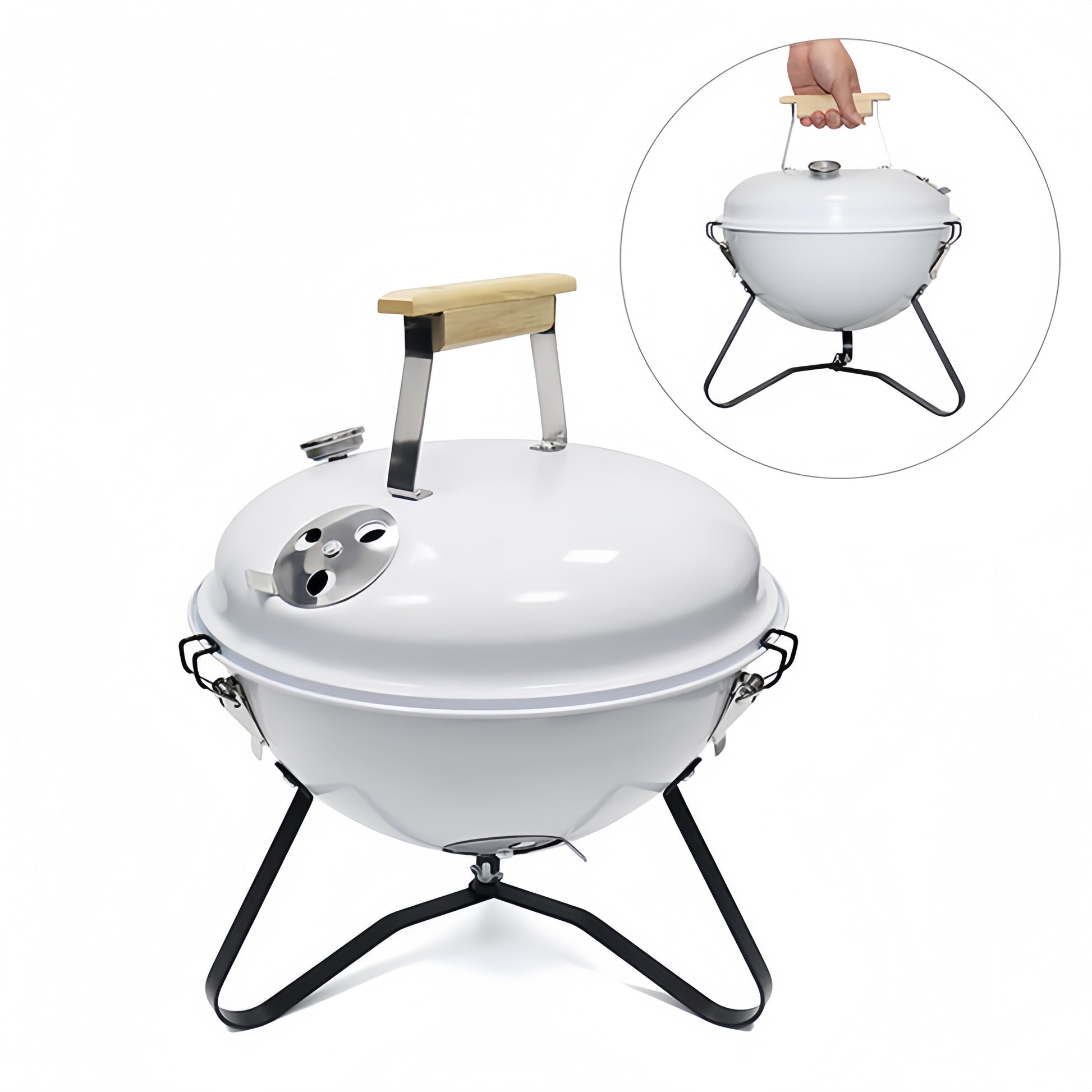 Barbecue portable blanc facile à transporter grâce à sa poignée, format compact et léger.