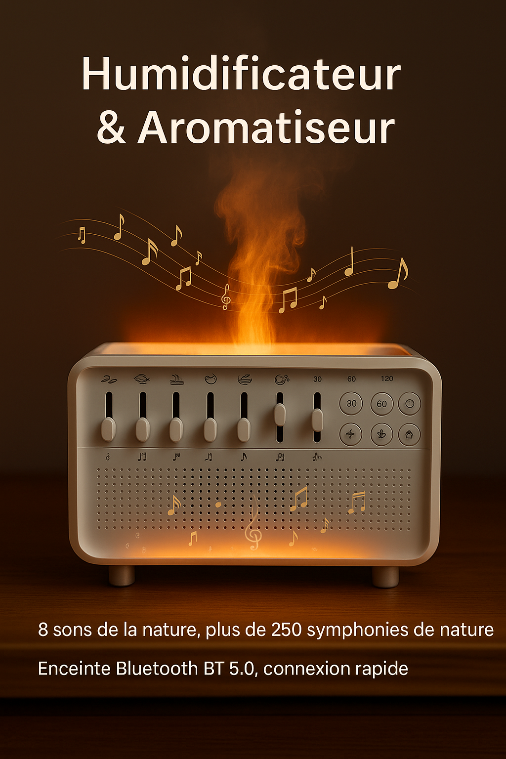Humidificateur et aromatiseur posé sur une table, produisant de la vapeur et illustré avec des notes de musique flottantes. L’appareil affiche plusieurs boutons et curseurs, et du texte indique les fonctionnalités : sons de la nature, plus de 250 symphonies, et enceinte Bluetooth 5.0.
