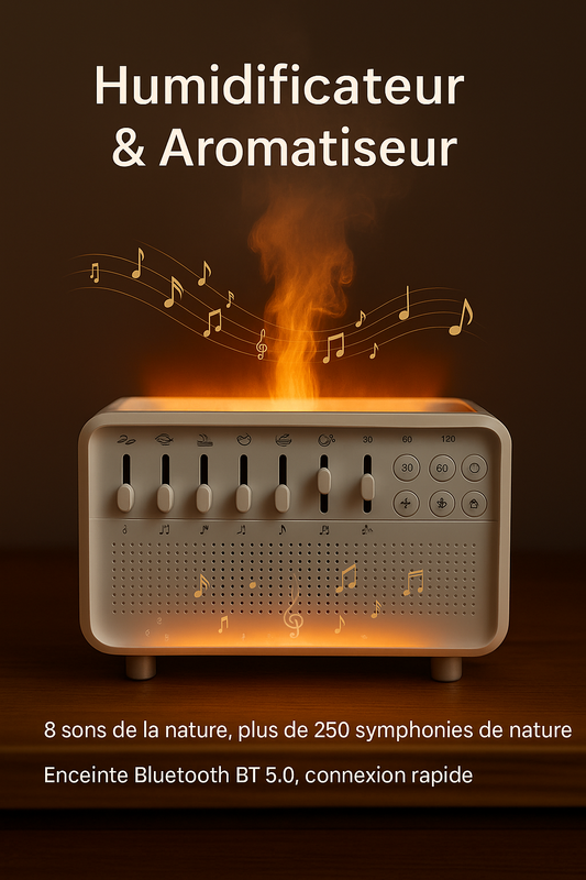 Humidificateur et aromatiseur posé sur une table, produisant de la vapeur et illustré avec des notes de musique flottantes. L’appareil affiche plusieurs boutons et curseurs, et du texte indique les fonctionnalités : sons de la nature, plus de 250 symphonies, et enceinte Bluetooth 5.0.