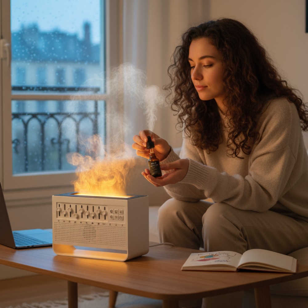 Diffuseur d’huiles essentielles et machine de bruit blanc, utilisé dans un salon