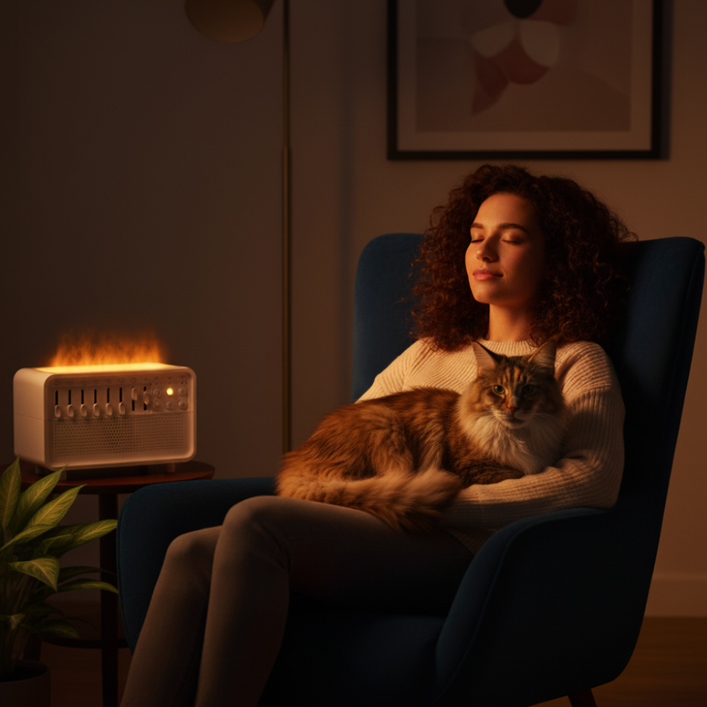 Diffuseur / machine bruit blanc avec effet flamme sur table, femme et chat au salon