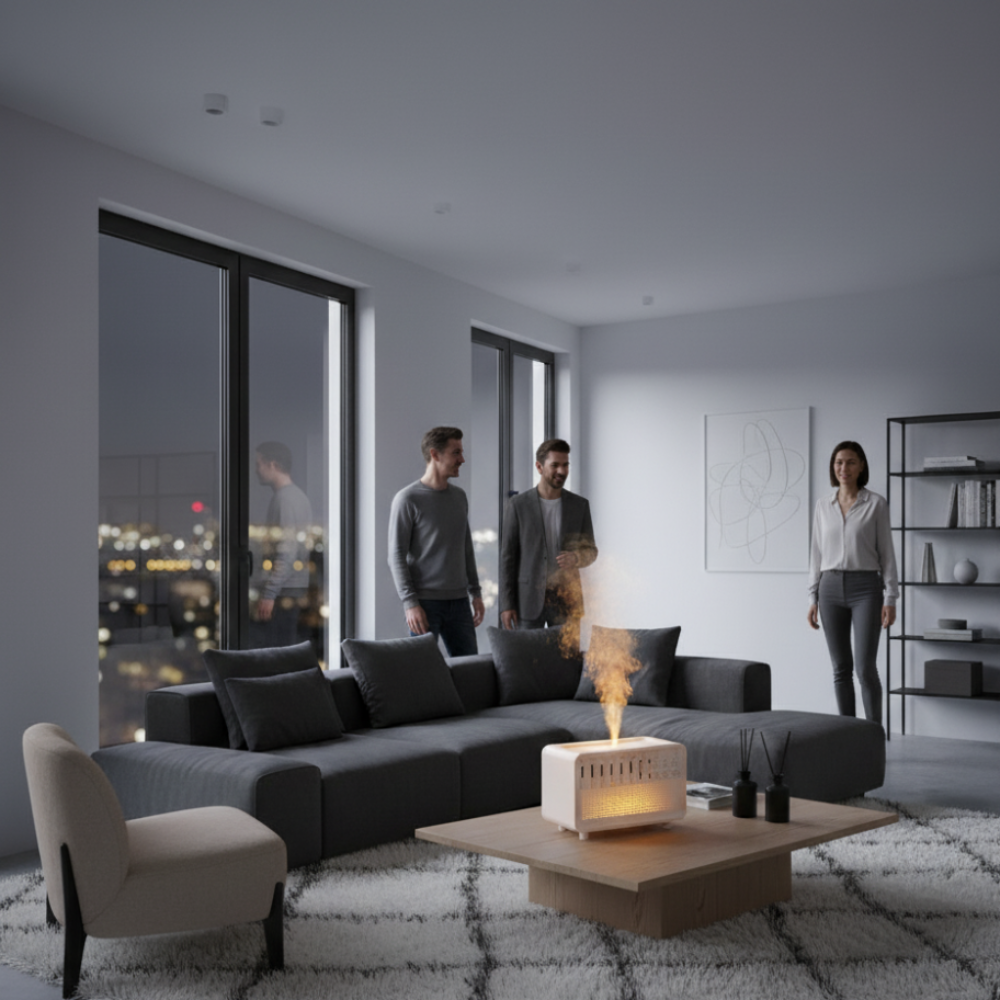 Salon moderne de nuit, diffuseur-humidificateur blanc allumé sur table basse, vapeur visible, trois adultes en arrière-plan