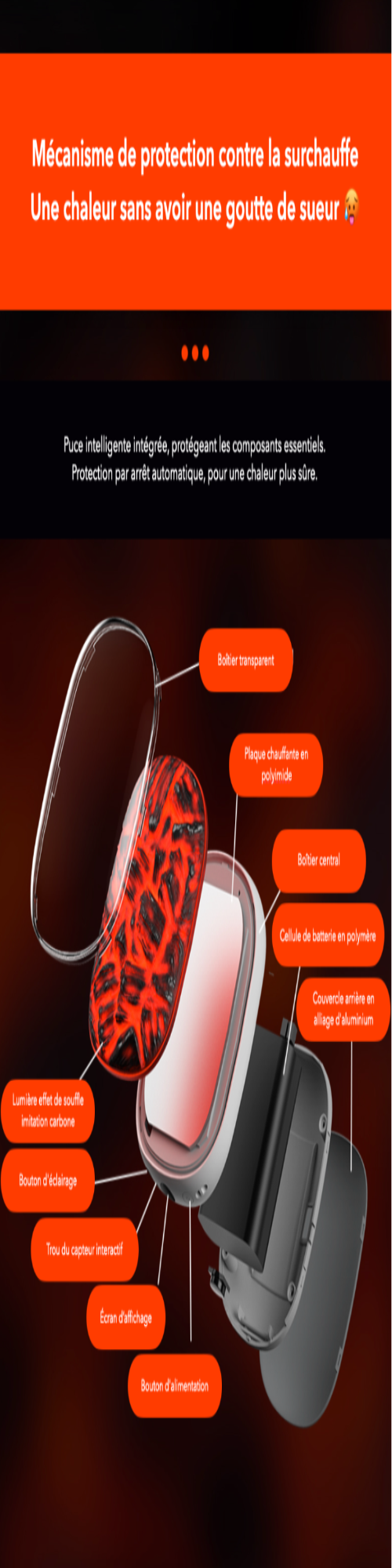 Chauffe main rechargeable USB-C pour le ski, batterie 5h - aspect flamme avec chauffe rapide - 3 niveaux, 2000 mAh lithium