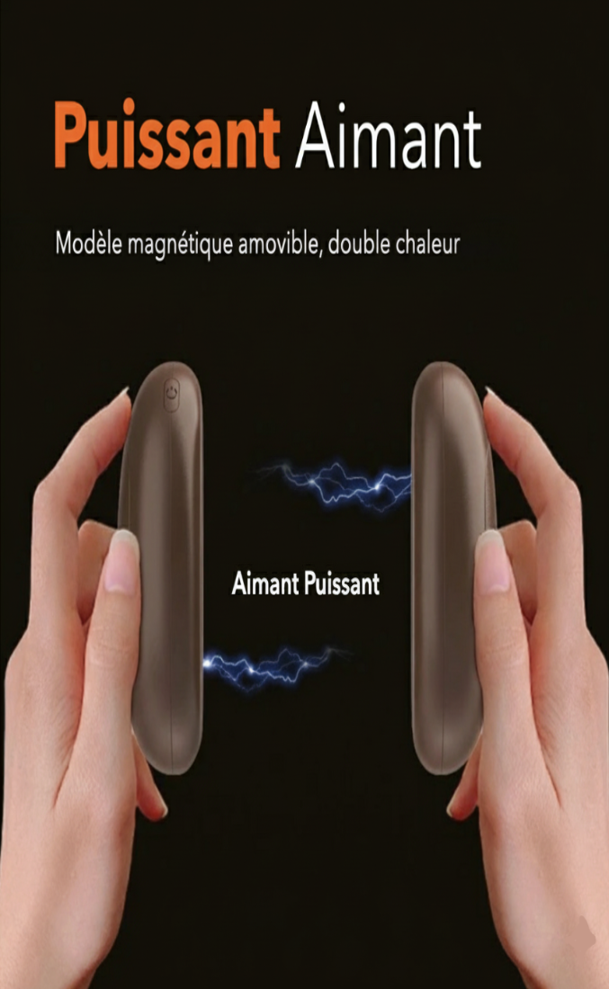 Magnétisme et amovibilité des chauffe-mains rechargeables USB-C forme grain de café - coloris marron.