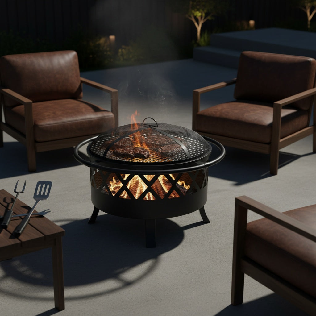 Brasero BBQ Multifonction FLAMORA™ - Foyer Extérieur avec Grille