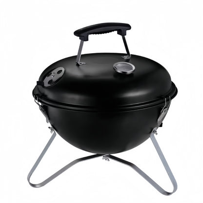 Barbecue au charbon portable Kettle 31,5 cm noir avec couvercle ventilé, thermomètre intégré et piètement stable.