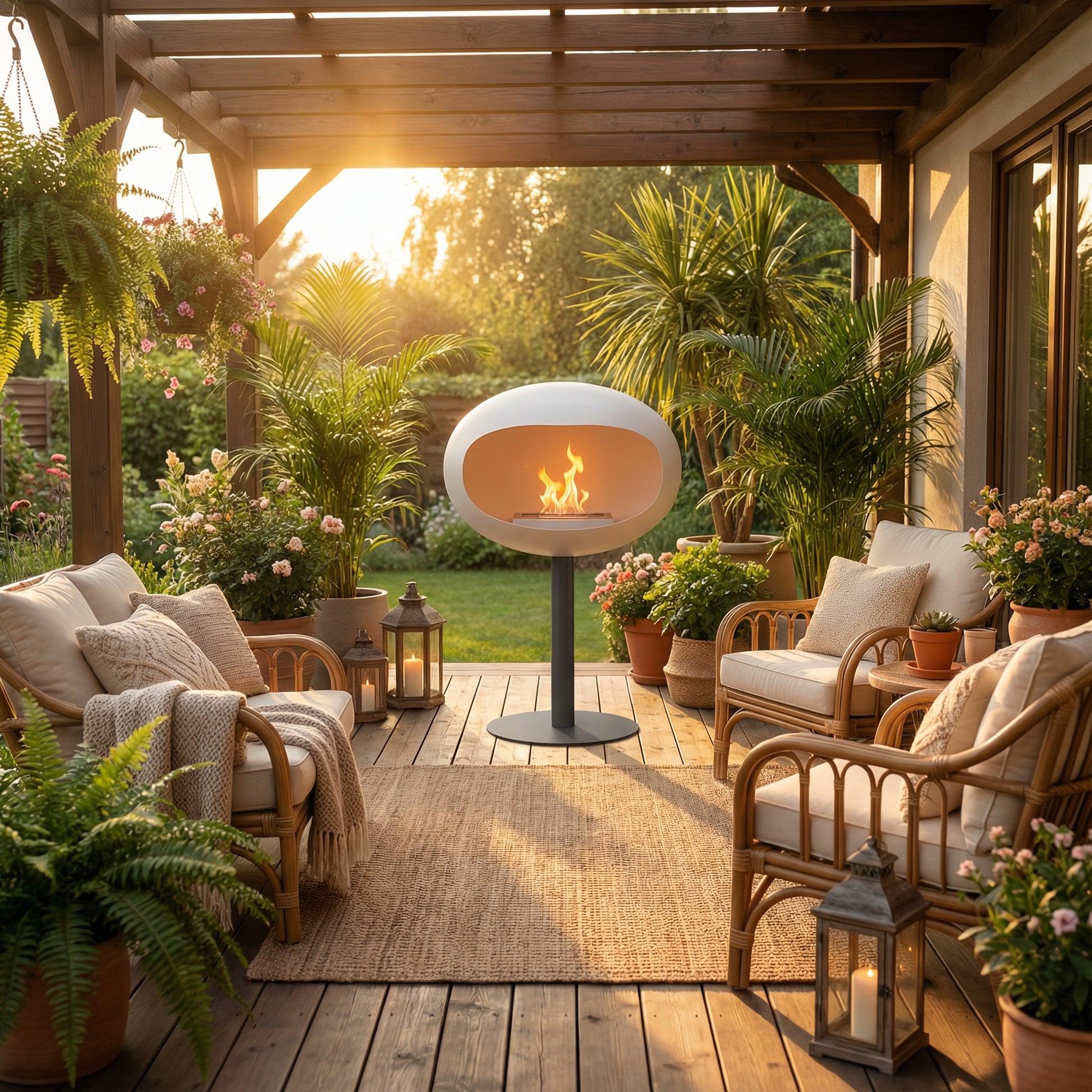 Cheminée éthanol sur pied blanche sur terrasse sous pergola avec plantes.