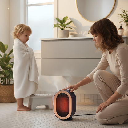 Sophie utilise le chauffage soufflant bleu ardoise dans une salle de bain lumineuse pour réchauffer rapidement la pièce pendant que son enfant se prépare. La technologie céramique PTC diffuse une chaleur immédiate et sécurisée