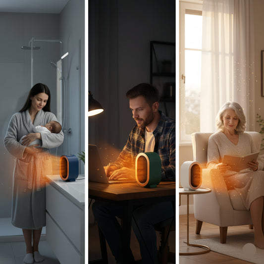 Comparatif d'usage du chauffage d'appoint en trois situations : Sophie en salle de bain (bleu), Marc au bureau (vert) et Claire au salon (blanc). Illustration de la chaleur immédiate et du format portatif adapté à chaque pièce de la maison.