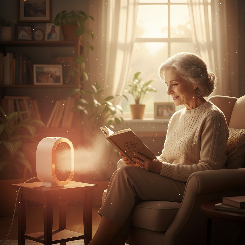 Claire profite d'un moment de lecture relaxant dans son fauteuil, accompagnée par la chaleur douce et rassurante du chauffage soufflant blanc. Un design sobre et stable qui s'intègre parfaitement dans un intérieur chaleureux.
