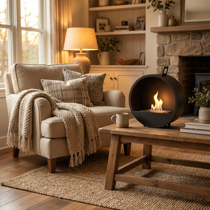 Décoration d'intérieur avec la cheminée éthanol Bulle allumée sur une table basse en bois près d'un fauteuil cosy.