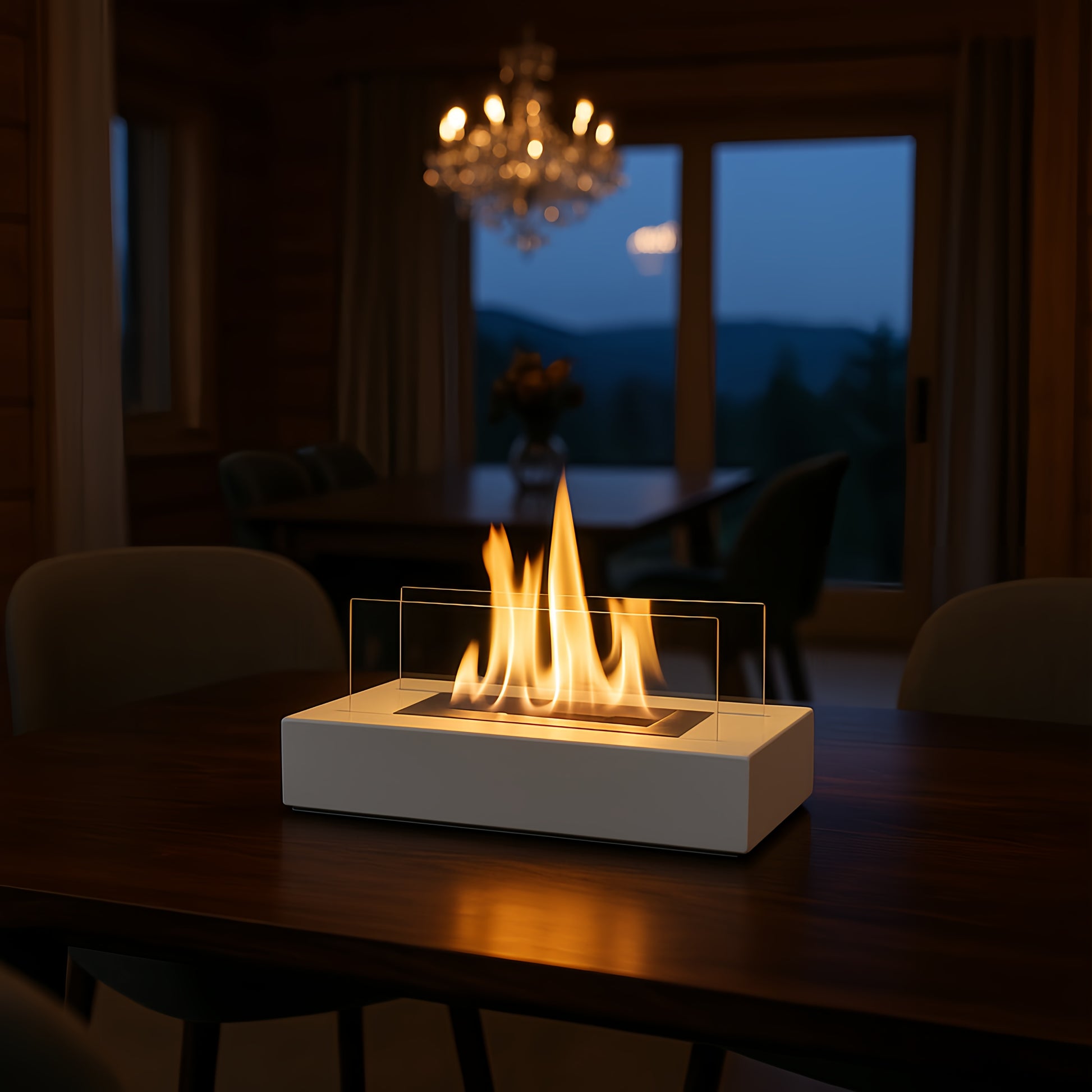 Cheminée de table rectangulaire à l'éthanol, posée sur une table en bois massif, salon avec ambiance tamisée, lustre en crystal.