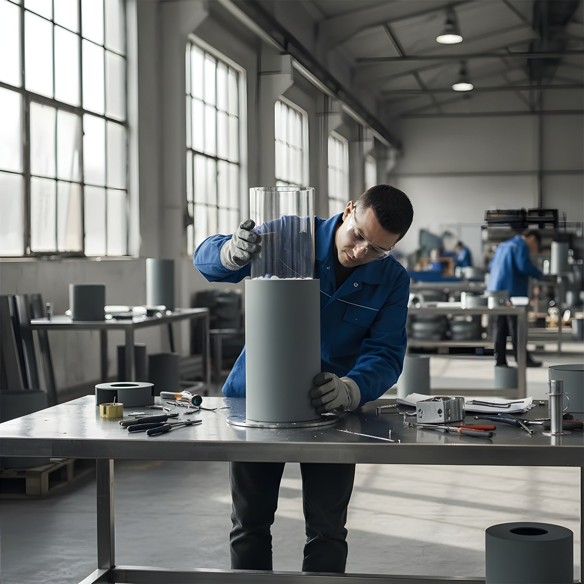 Assemblage de la cheminée éthanol cylindrique Calora Home dans un atelier moderne, ouvrier en train de travailler