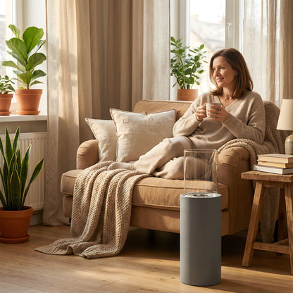 Cheminée éthanol design Calora Home dans un intérieur cocooning, femme détendue sur un canapé avec plaid