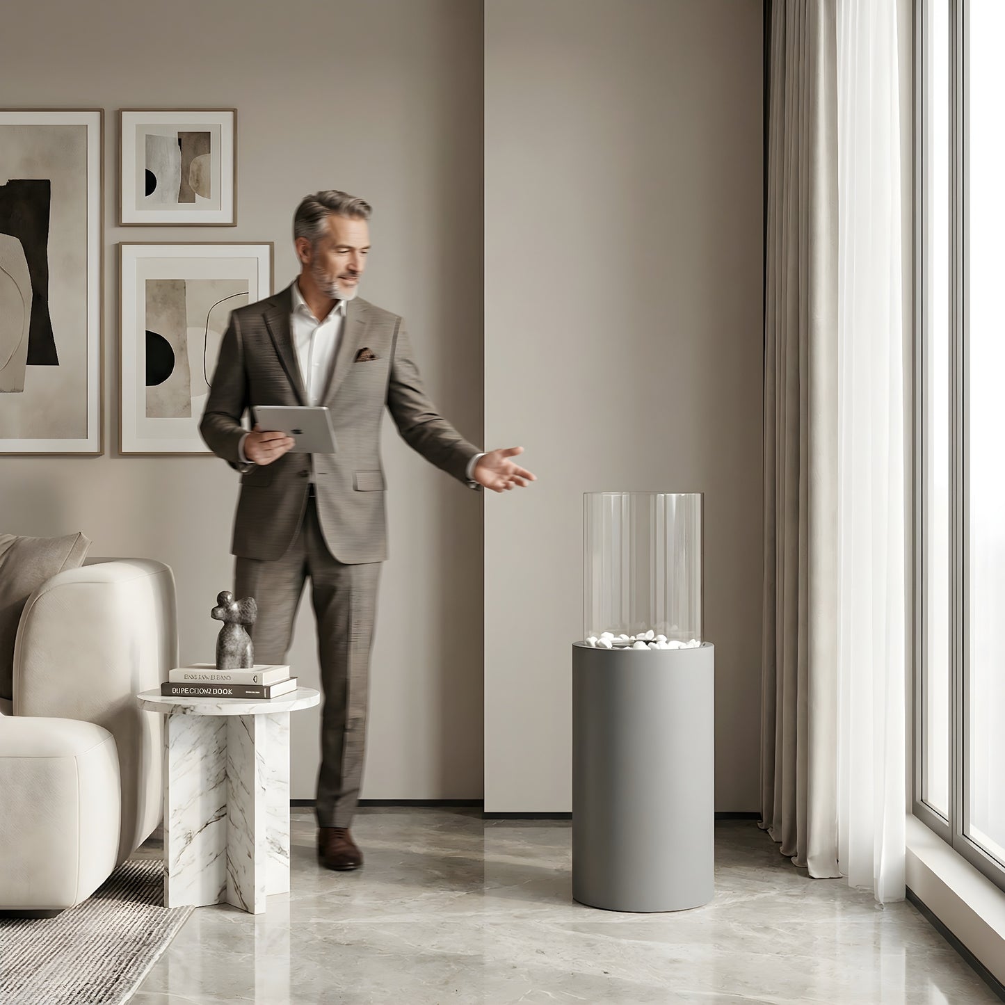 Cheminée éthanol design Calora Home dans un intérieur lumineux aux lignes contemporaines, homme en tenue élégante