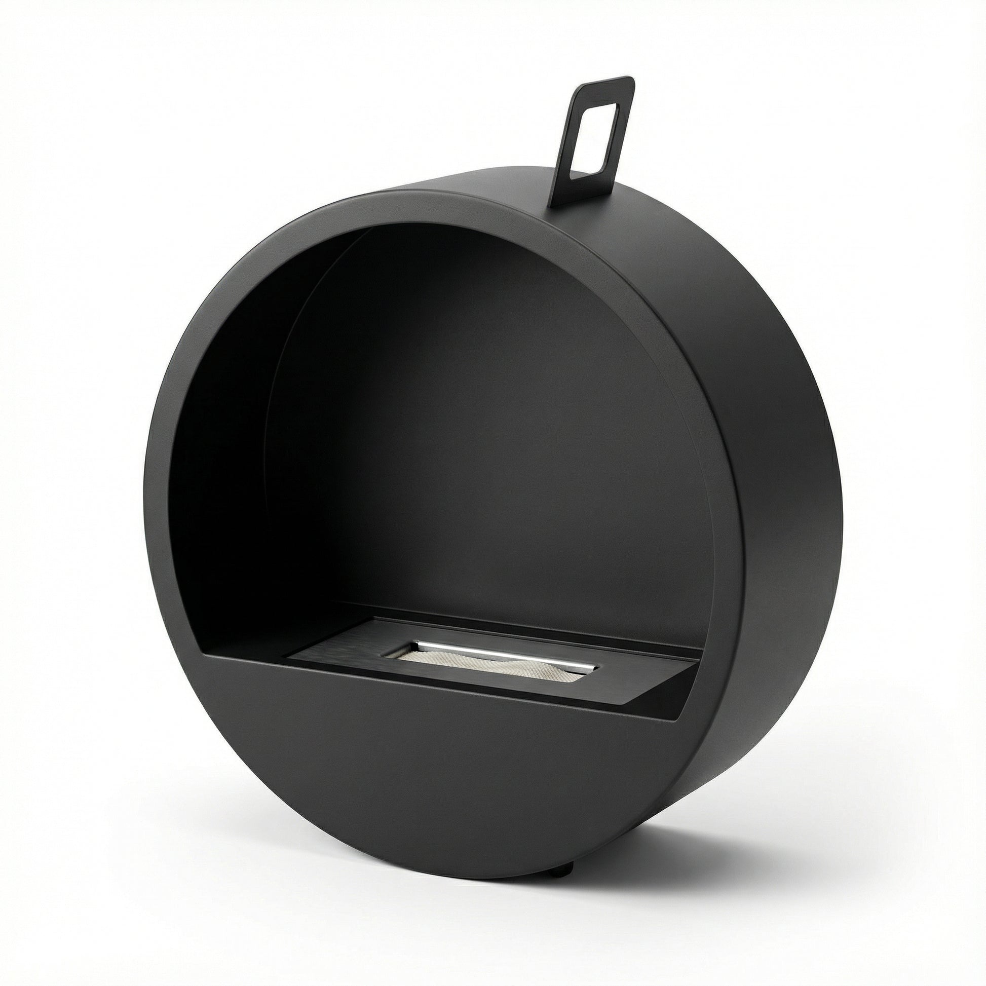 Vue rapprochée du brûleur en acier inoxydable de la cheminée éthanol Bulle éteinte, finition fer noir.