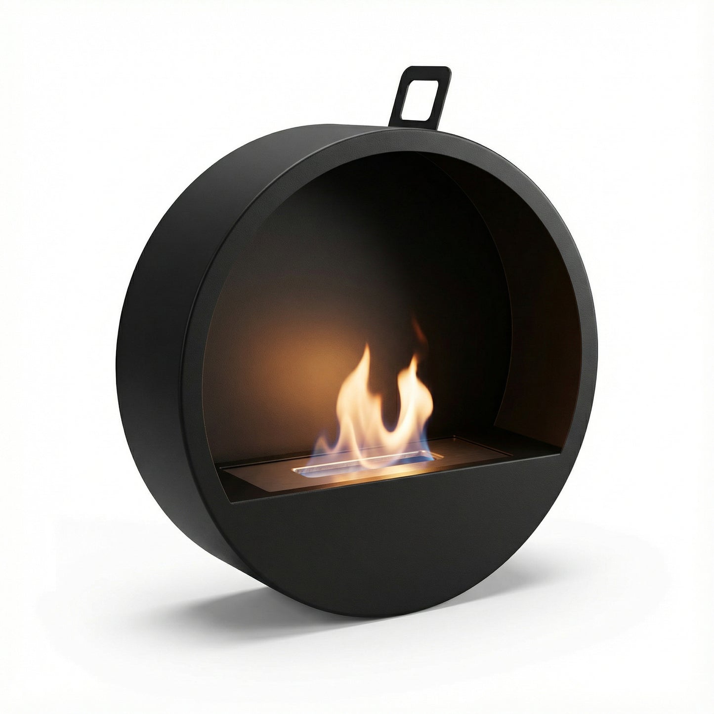 Cheminée éthanol design Bulle en forme de cercle noir avec flamme centrale sur fond blanc.