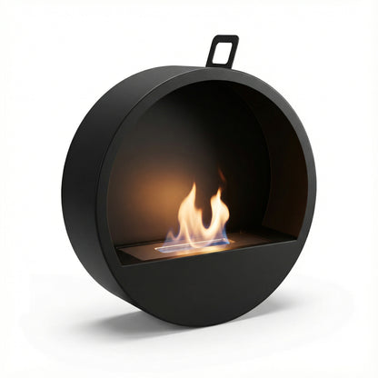 Cheminée éthanol design Bulle en forme de cercle noir avec flamme centrale sur fond blanc.