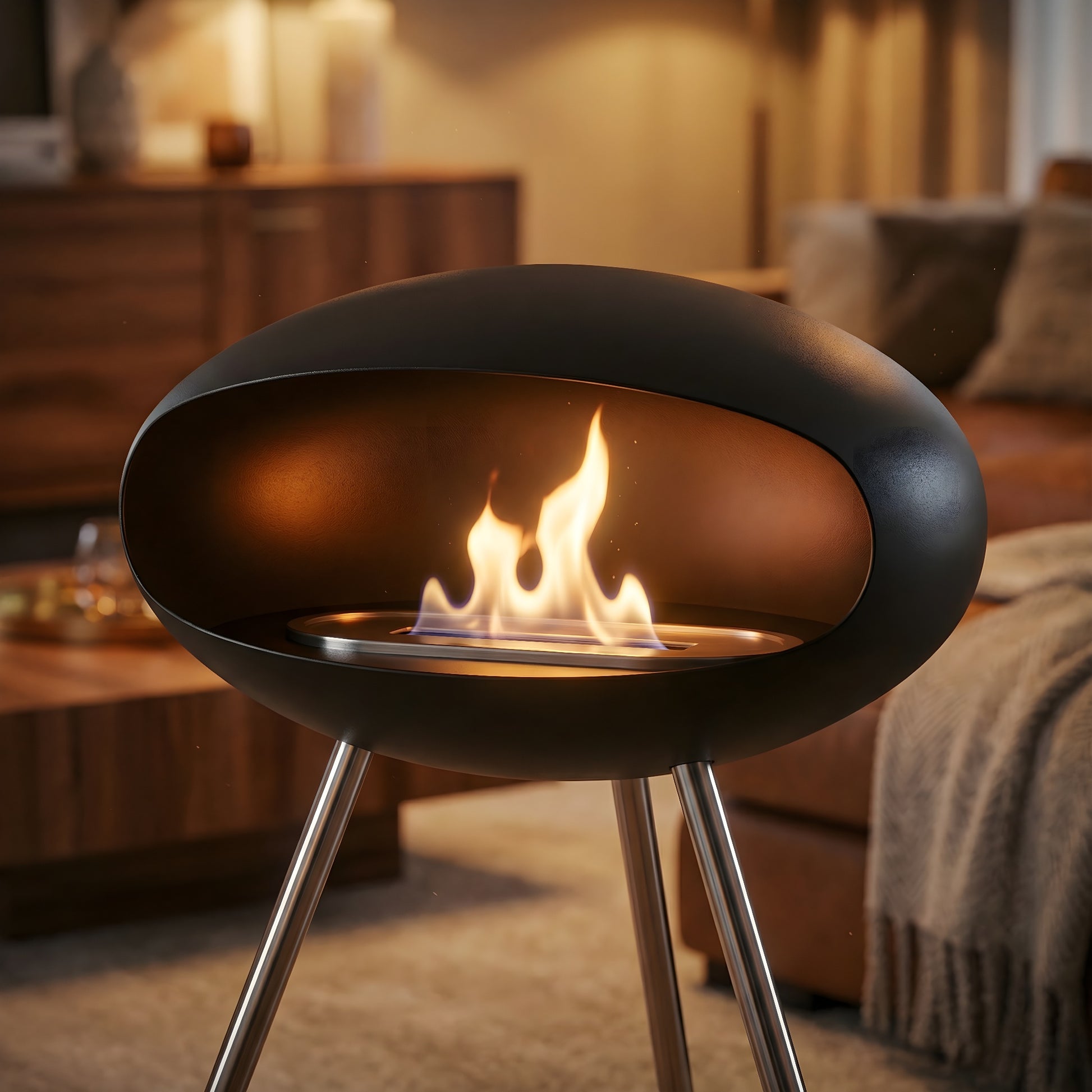 Détail de la flamme d’une cheminée éthanol COCON Essentiel, coque design et finition mate haut de gamme.