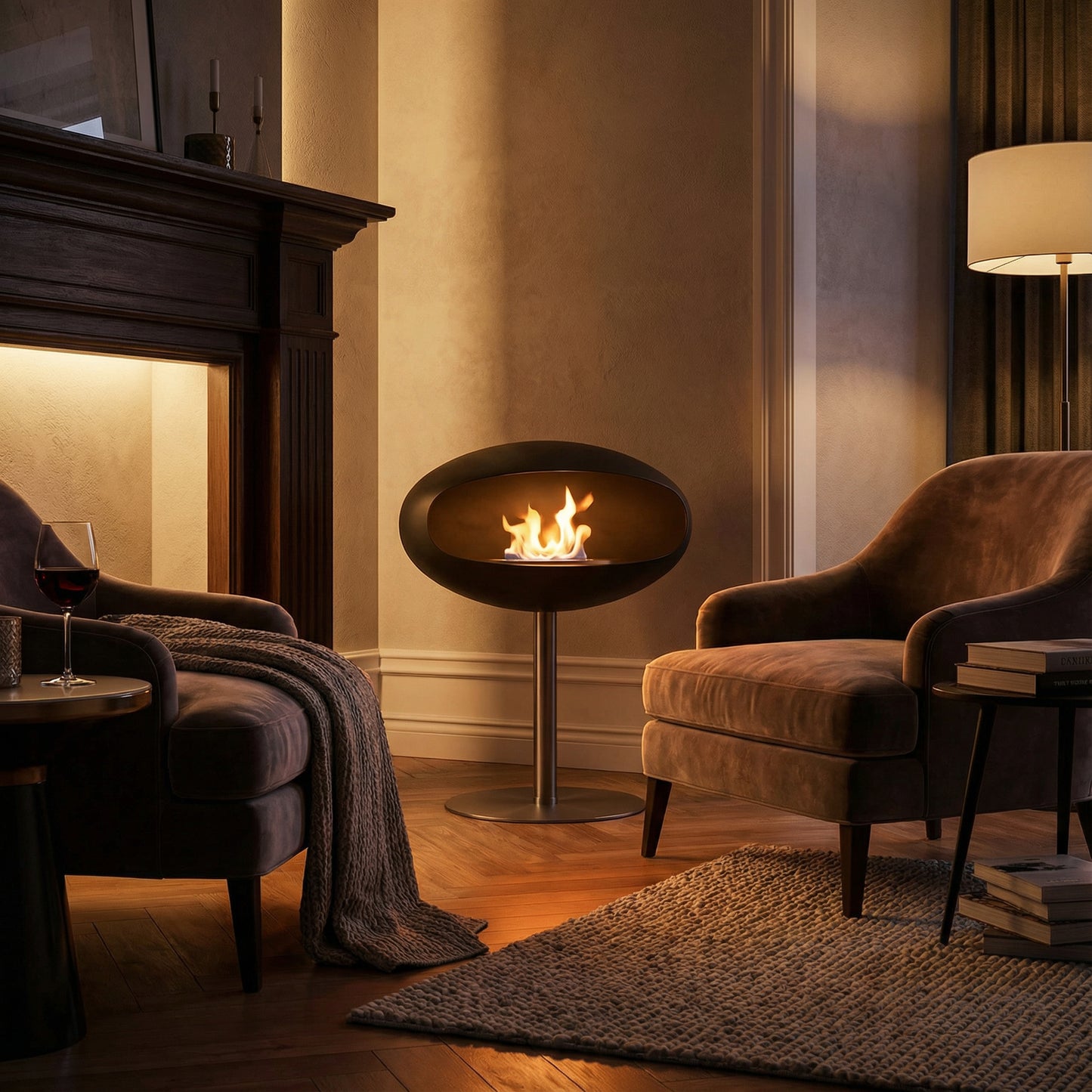 Cheminée Éthanol COCON Essentiel sur pied monobloc, installée dans un salon élégant et feutré.