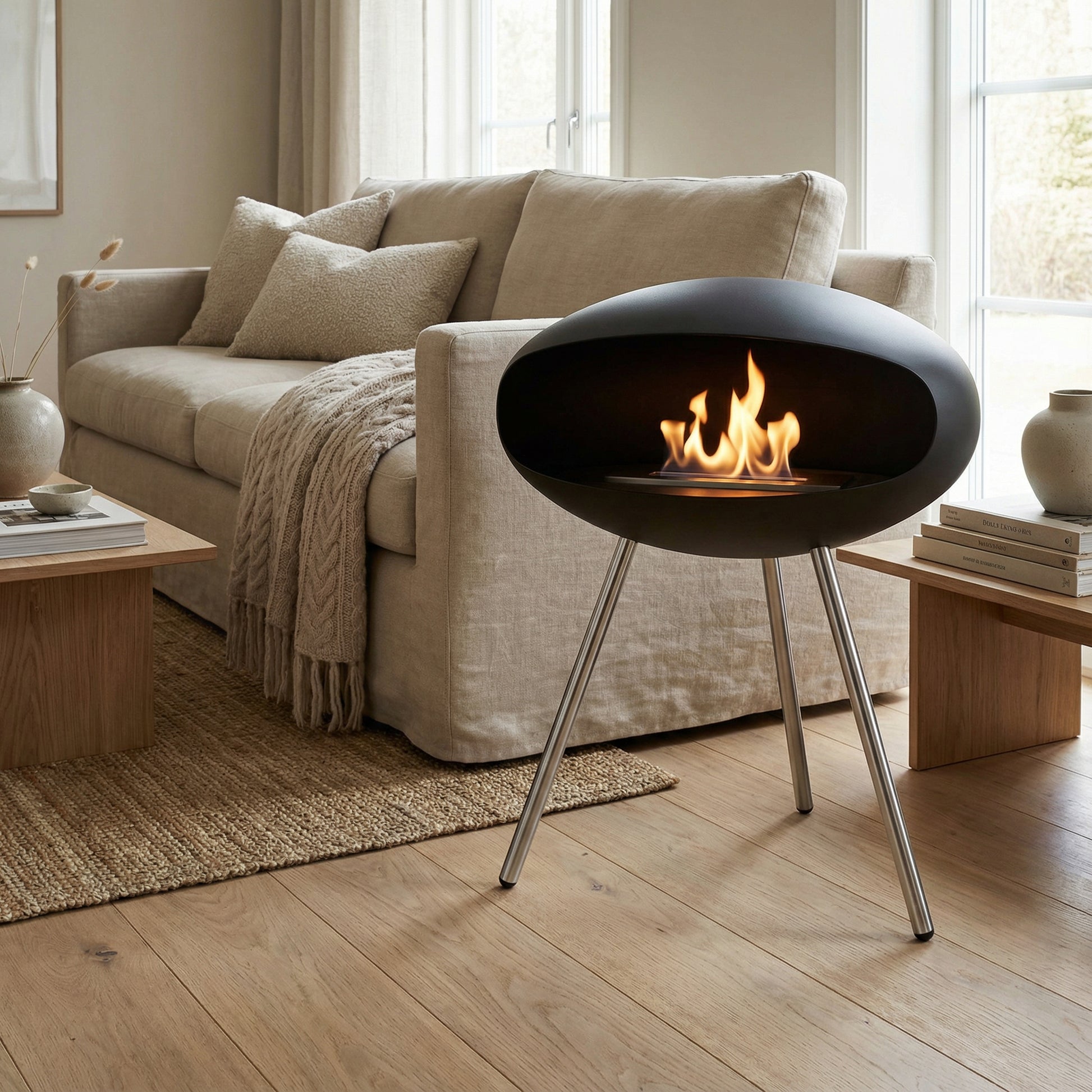 Cheminée éthanol COCON Essentiel sur pieds tripode, intégrée dans un salon lumineux et naturel.