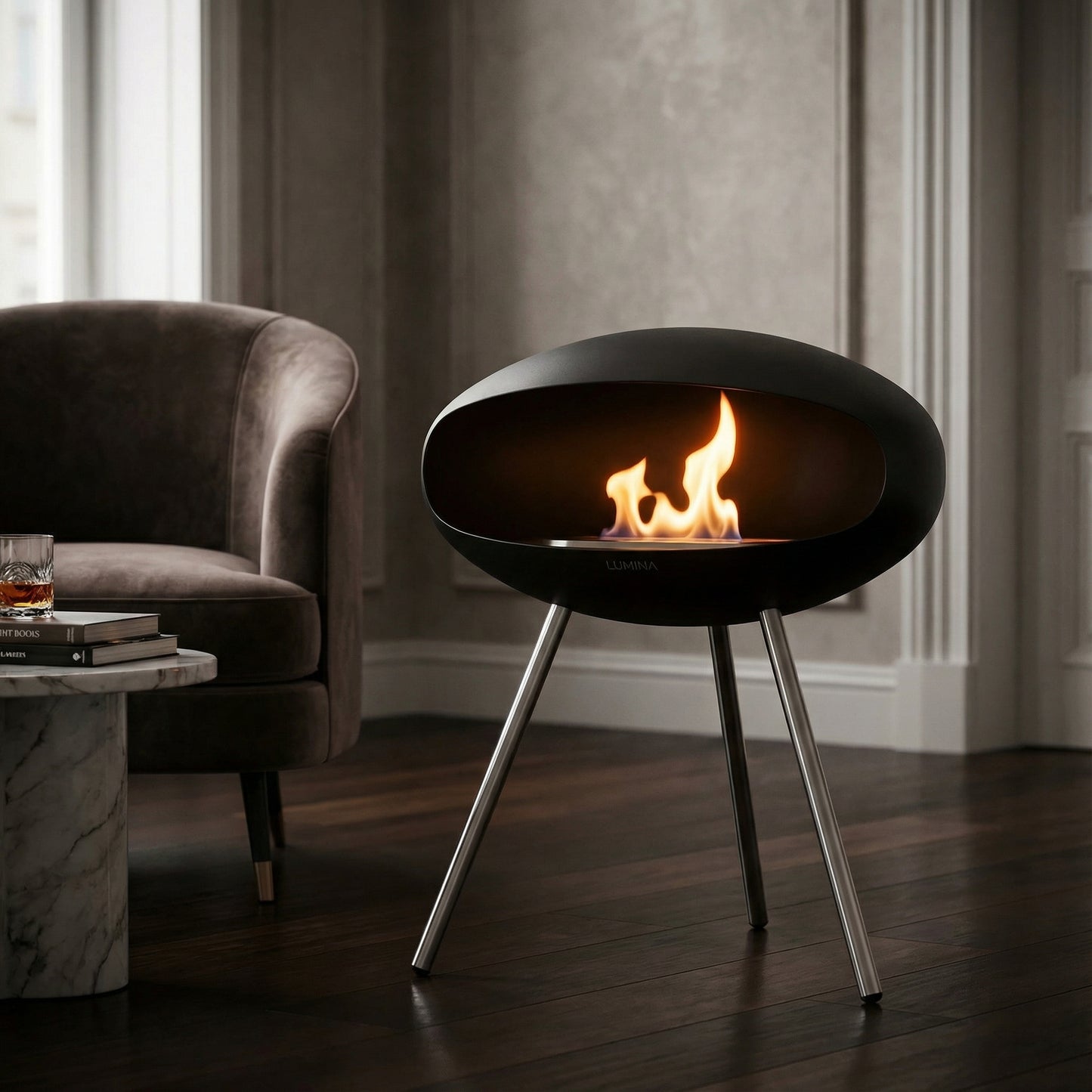 Cheminée à l’éthanol COCON Essentiel sur piètement tripode scandinave, créant une ambiance cosy et chaleureuse dans un intérieur élégant.