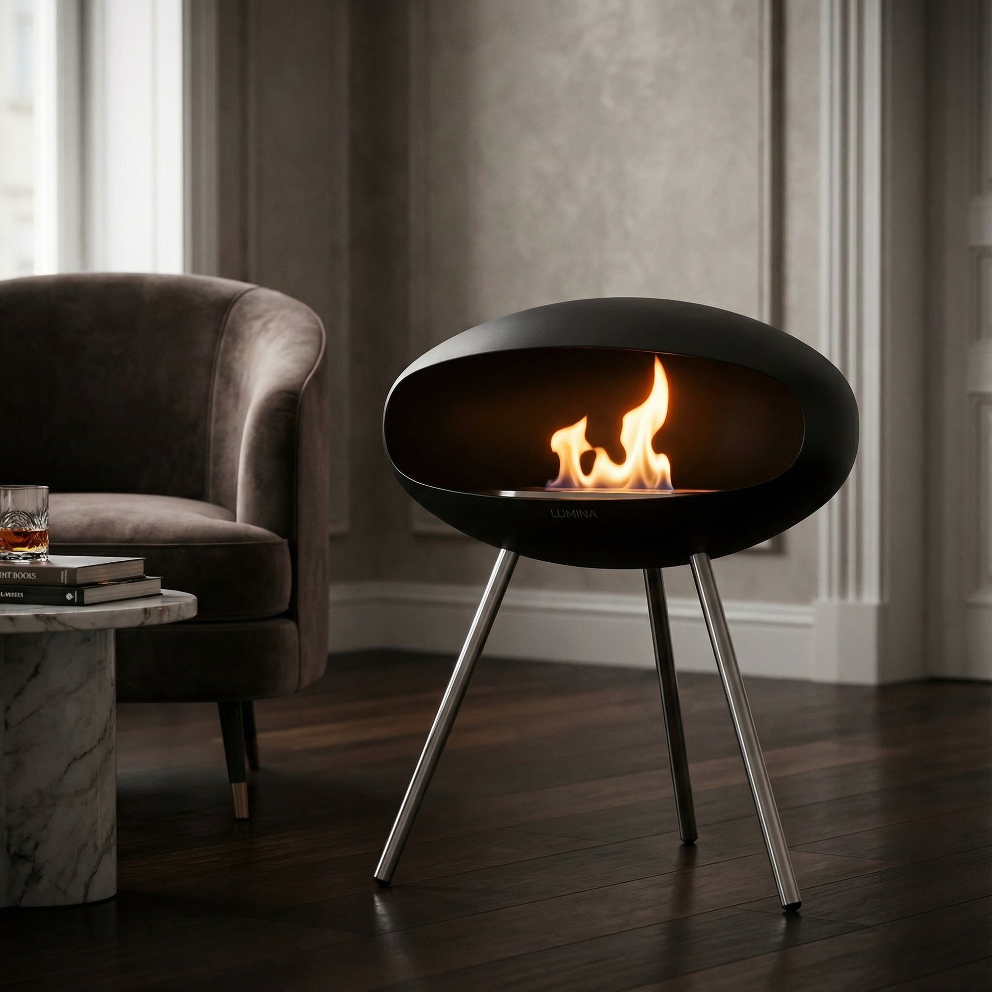 Cheminée à l’éthanol COCON Essentiel sur piètement tripode scandinave, créant une ambiance cosy et chaleureuse dans un intérieur élégant.