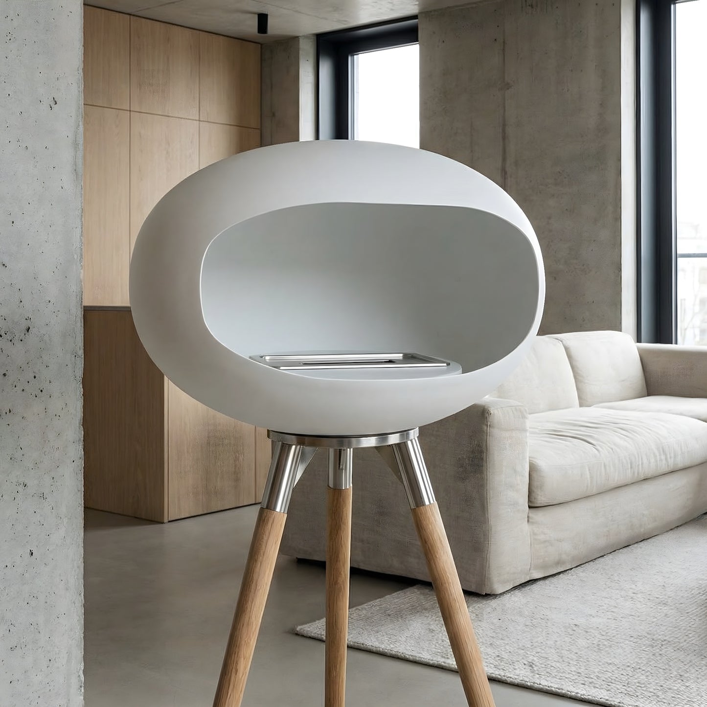 Cheminée éthanol COCON PURE blanc albâtre intégrée à une décoration intérieure moderne et élégante