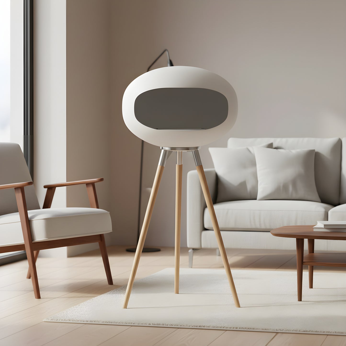 Cheminée éthanol COCON PURE blanc albâtre satiné dans un intérieur scandinave lumineux et minimaliste