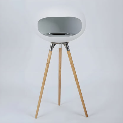 Cheminée éthanol COCON PURE blanc albâtre satiné sur pieds en bois clair, design épuré