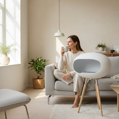 Cheminée éthanol design COCON PURE grand blanc albâtre satiné sur pieds scandinaves hauts, utilisée par une femme dans un salon lumineux et apaisant, ambiance chaleureuse et élégance nordique.