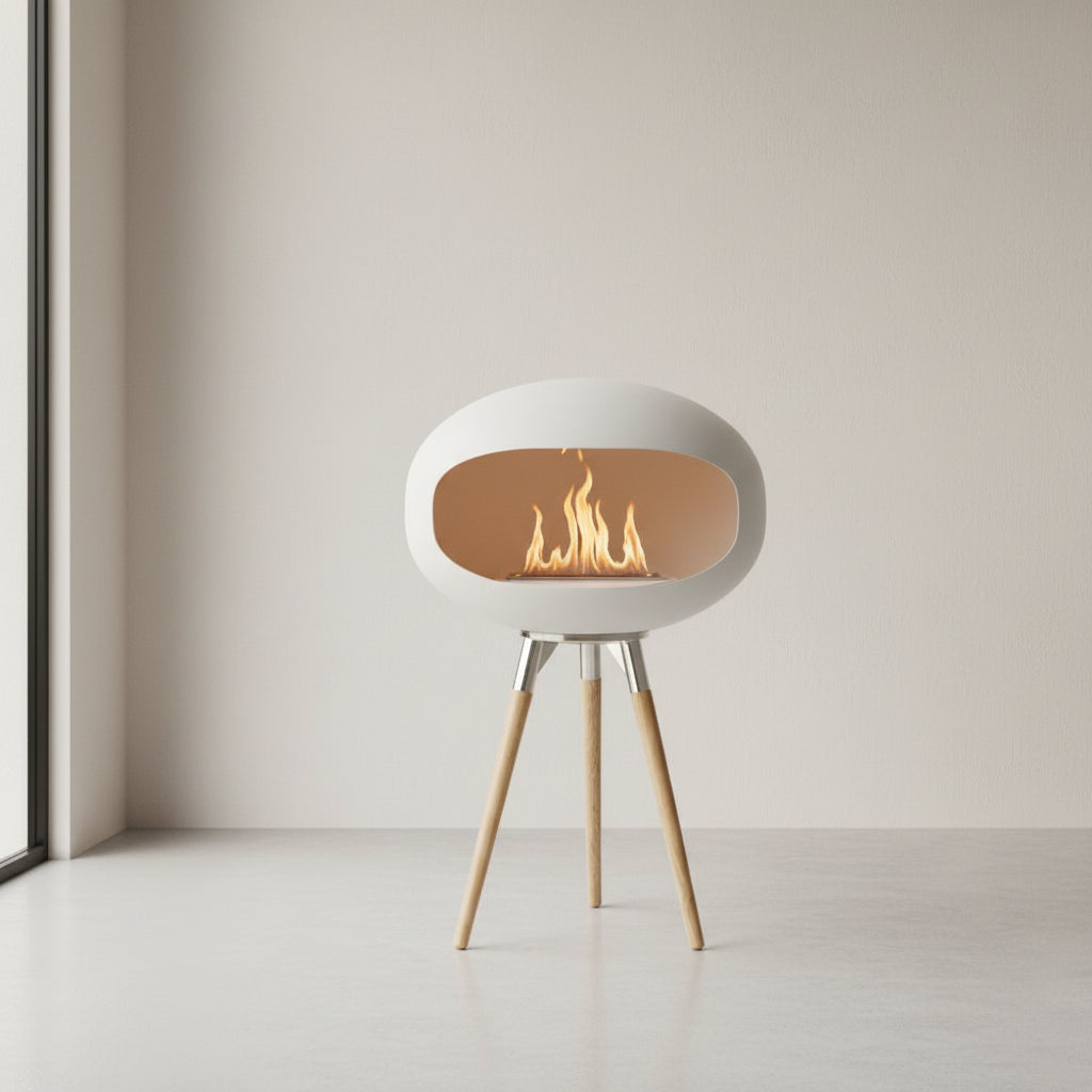 Cheminée éthanol design COCON PURE grand blanc albâtre satiné avec pieds scandinaves hauts, vue frontale en environnement épuré, flamme décorative moderne sans fumée.