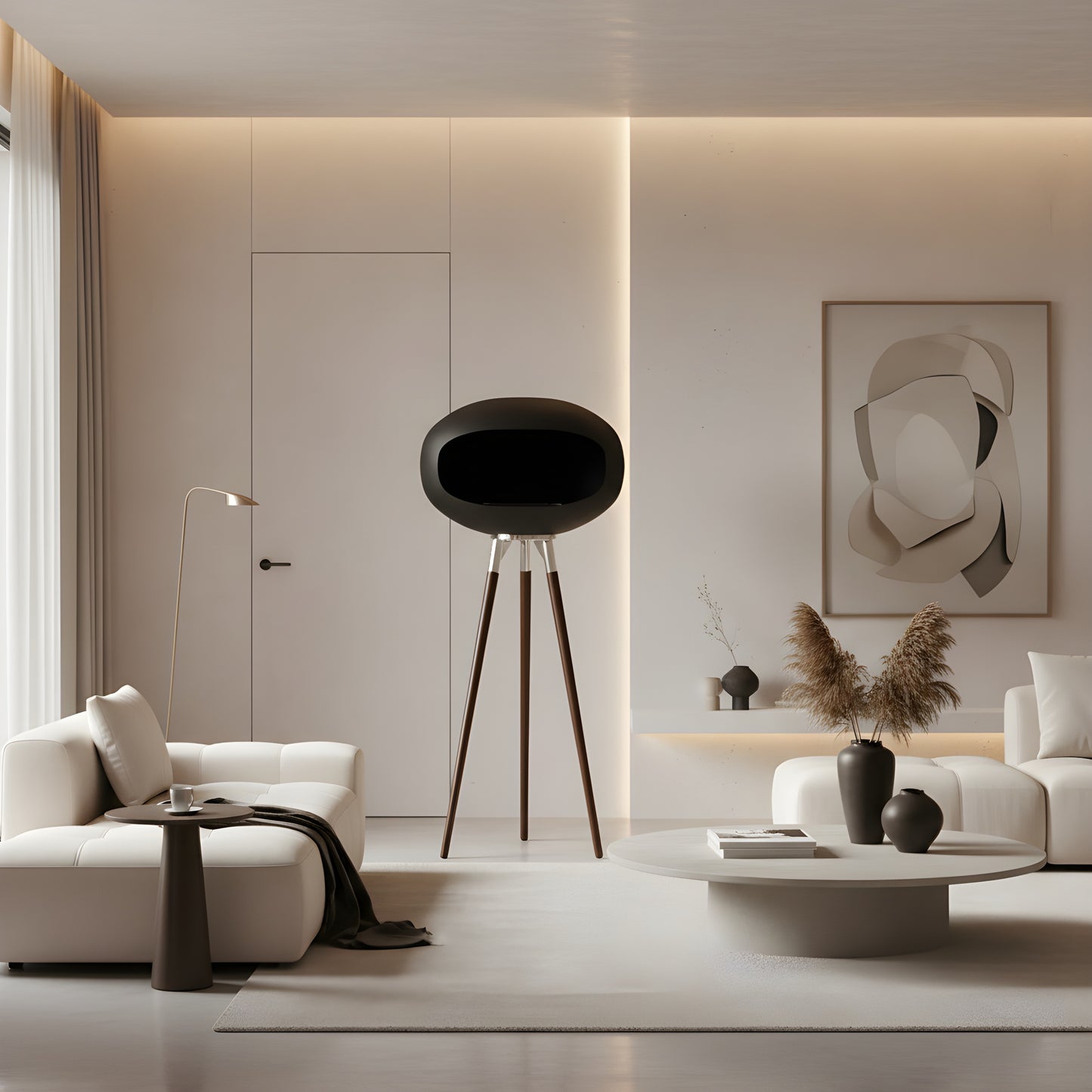 Cheminée éthanol COCON PURE noire mate sur pieds en bois, design nordique, installée dans un salon contemporain haut de gamme