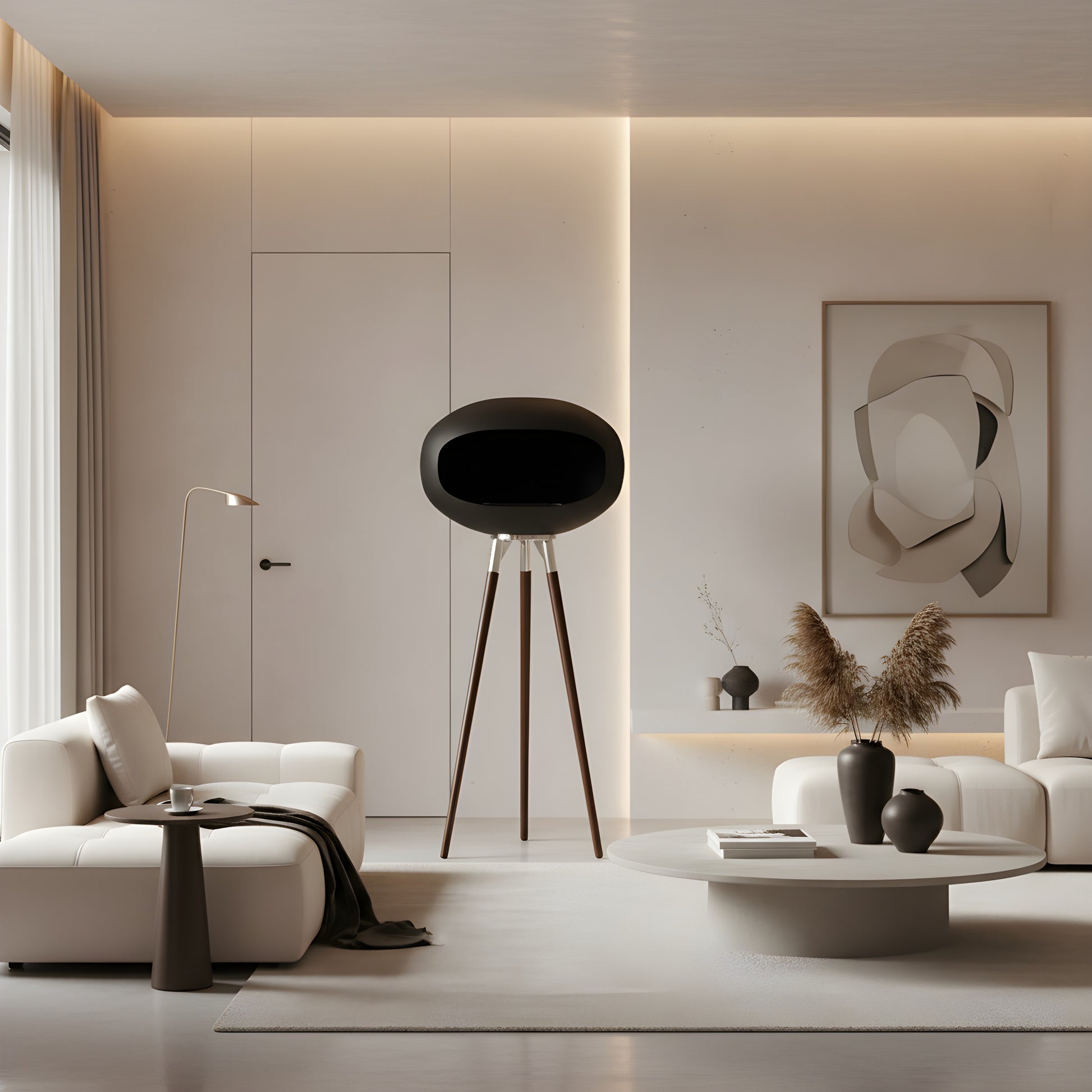 Cheminée éthanol COCON PURE noire mate sur pieds en bois, design nordique, installée dans un salon contemporain haut de gamme