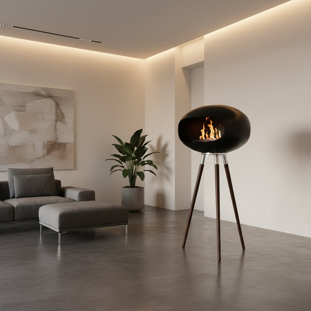 Cheminée éthanol design COCON PURE grand noir mat profond sur pieds scandinaves hauts, installée dans un salon contemporain minimaliste, flamme décorative élégante et chaleureuse.