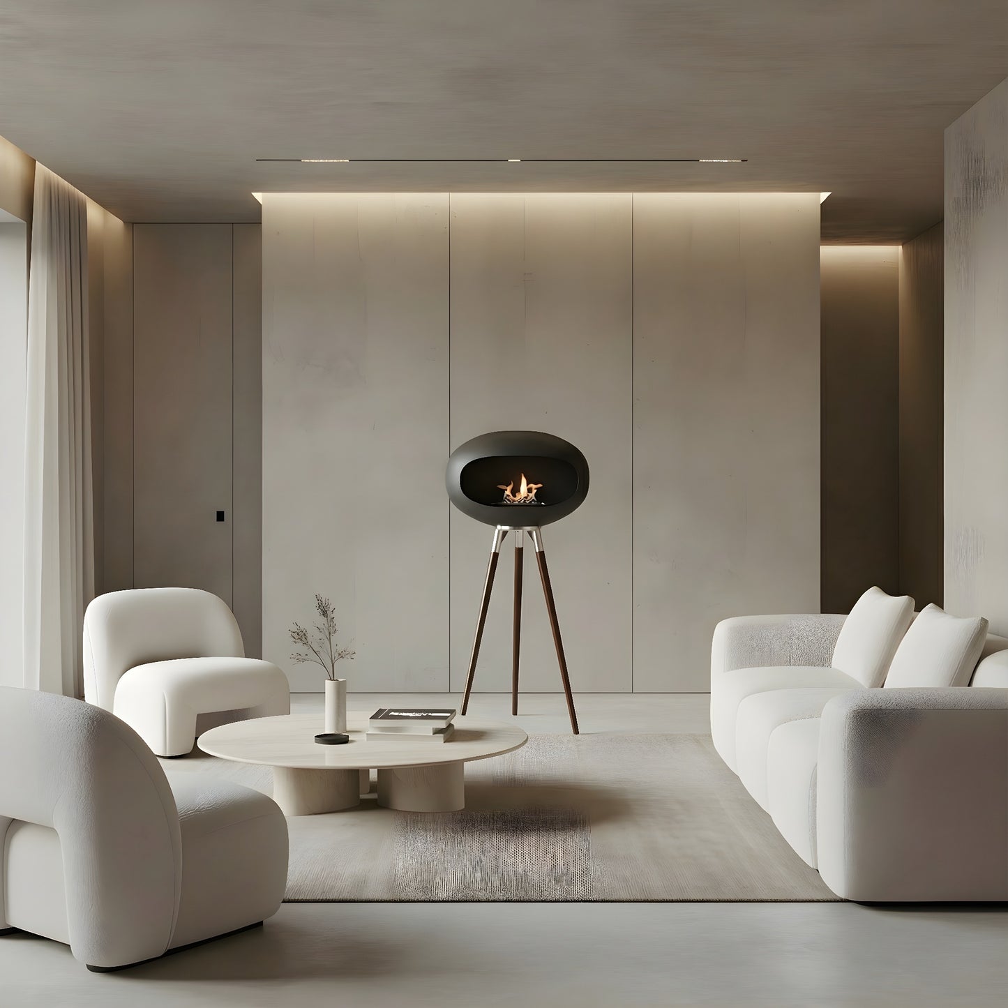 Cheminée éthanol COCON PURE noire mate comme pièce centrale d’un salon luxueux et apaisant