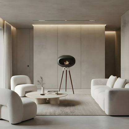 Cheminée éthanol COCON PURE noire mate comme pièce centrale d’un salon luxueux et apaisant