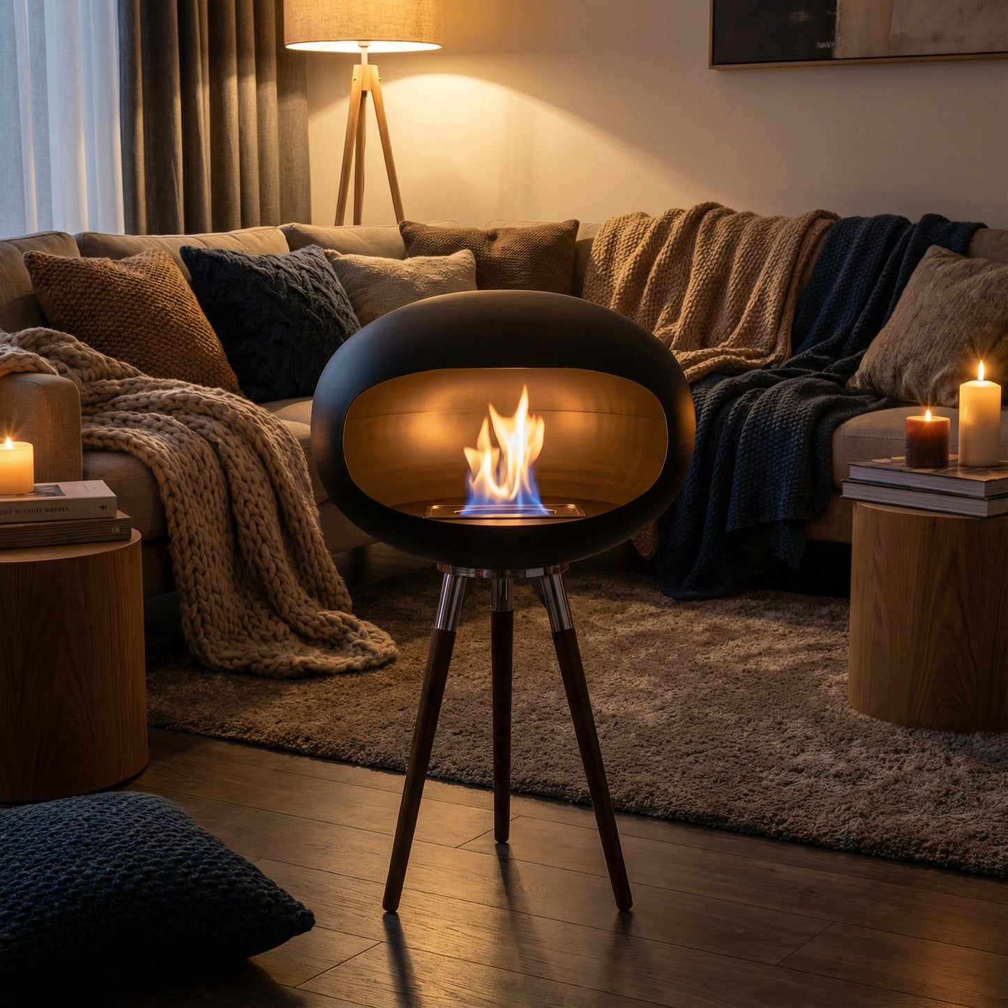 Cheminée éthanol design COCON PURE petit noir mat profond sur pieds discrets bas, placée dans un salon cosy et chaleureux, flamme douce créant une ambiance feutrée.